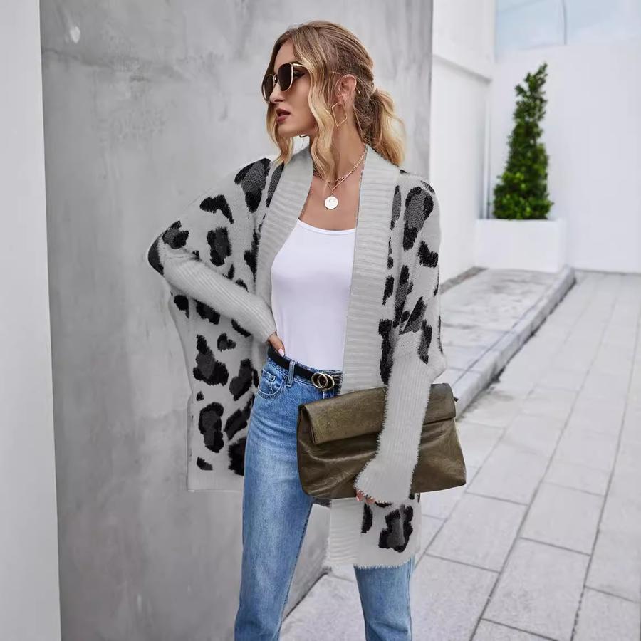 New Spring Women's Oversized Knit Cardigan Coat Leopard Print Sweater