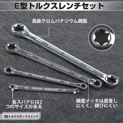 LEONTOOL Torx E-Type Open End Wrench Set of 4, E6xE8, E10xE12, E14xE18, E20xE24, E-Type Torx Open End Wrench, Straight Torx Wrench, Torx Wrench Set, H