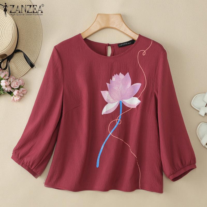 

ZANZEA Women Casual Round Neck Floral Print 3/4 Sleeve Blouse S вина червоного кольору