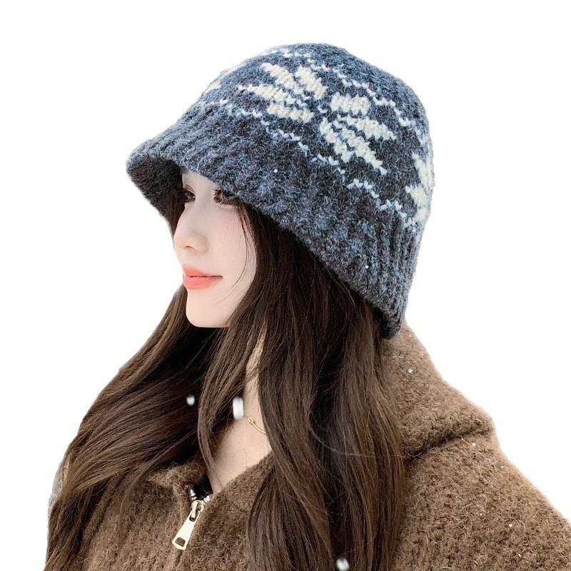 Fair Island Jacquard Knitted Bucket Hat Women's Winter Retro Ethnic Style Versatile Basin Hat Thermal Ear Protector Wool Hat