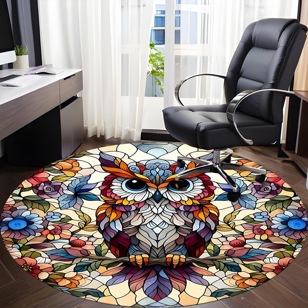 1pc Stained Glass Owl Office Round Area Rug, Indoor Mat Suitable ForOffice, Under Office Chairs Bedroom Living Room Home Decor, Room Deco D149