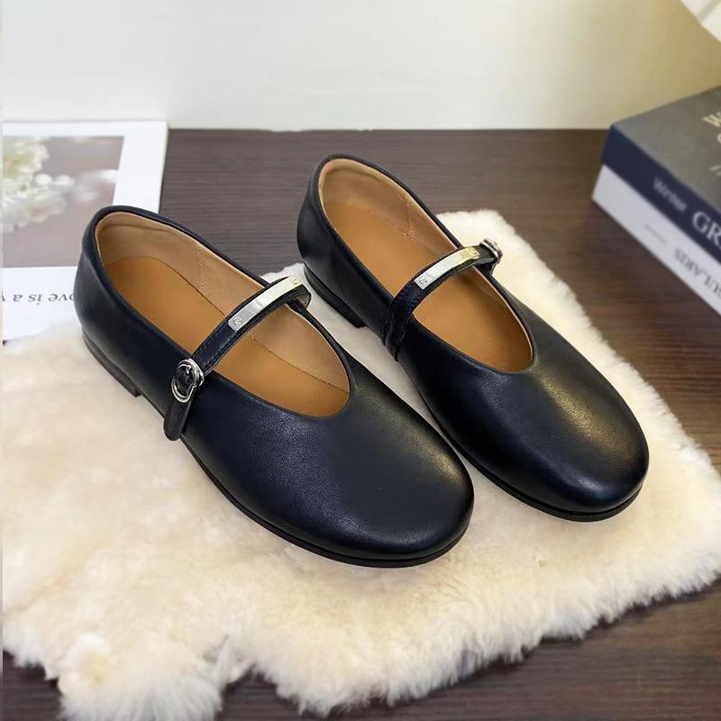 First Layer Cowhide Mary Jane Leather Shoes Women's Spring and Autumn French Temperament Small Leather Shoes Round Head Shallow Mouth One Word Buc