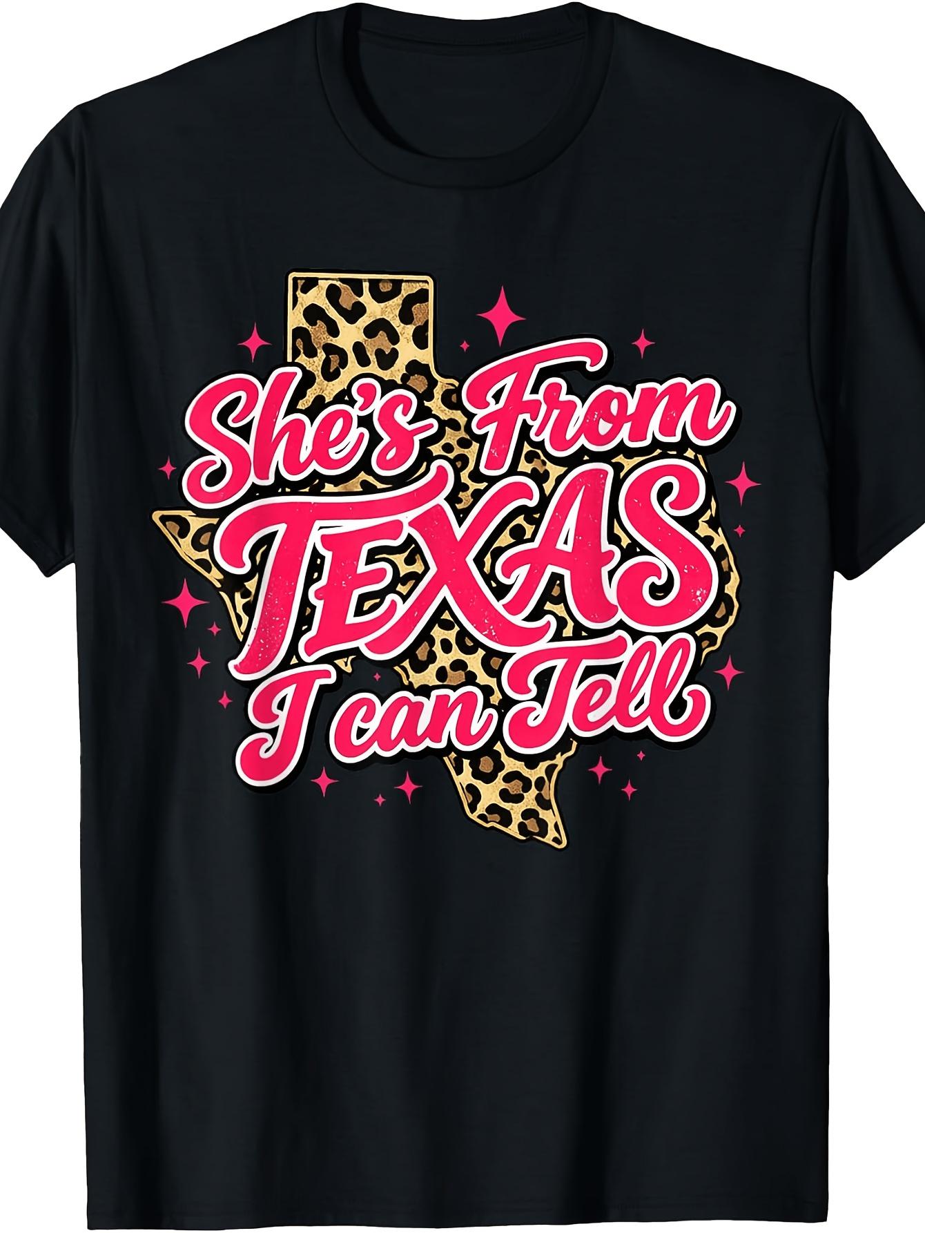 Texas Leopard Print Graphic T-Shirt, Retro  She S From Texas I Can Tell  Letter Print Short Sleeve Tee, Casual Comfy Tops For Daily Wear, Unisex S разноцветный