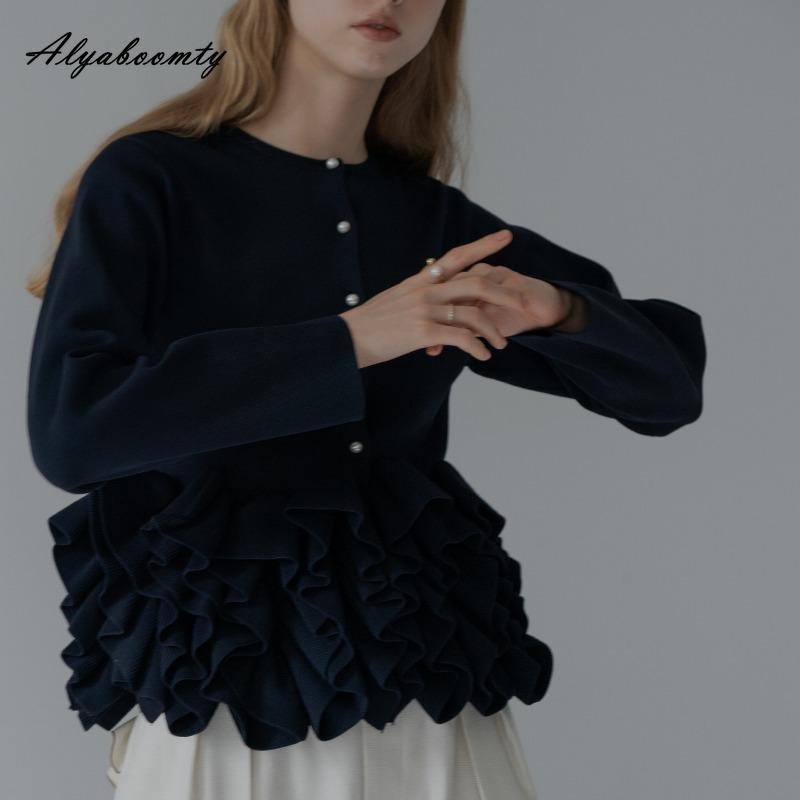 Elegantní móda Podzim Zima Dámský jednobarevný pletený kardigan Bílý Černý Růžový Volány Patchwork Úřednice Pletený svetr Sladký Dámský Hřejivý kabát