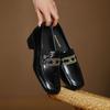 New four-season women's single shoes fashion mid-heel loafers non-slip beef tendon soles black large size shoes square heel sheepskin women's shoes