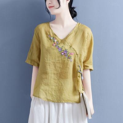 Ethnic-style Slant Placket Linen Shirt Loose Summer Embroidered Zen Tea Dress Chinese V-neck Short Sleeve Women's Top