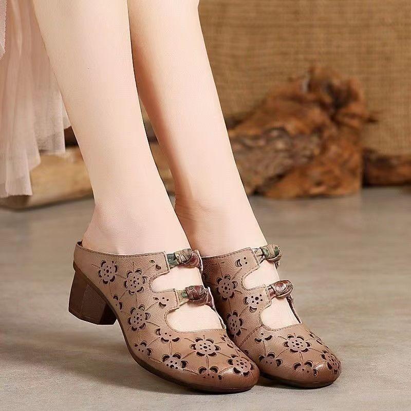 Summer New Thick Heel Bag Head Embroidery Hollow Hole Breathable Comfortable Non-slip Mother Women's Shoes