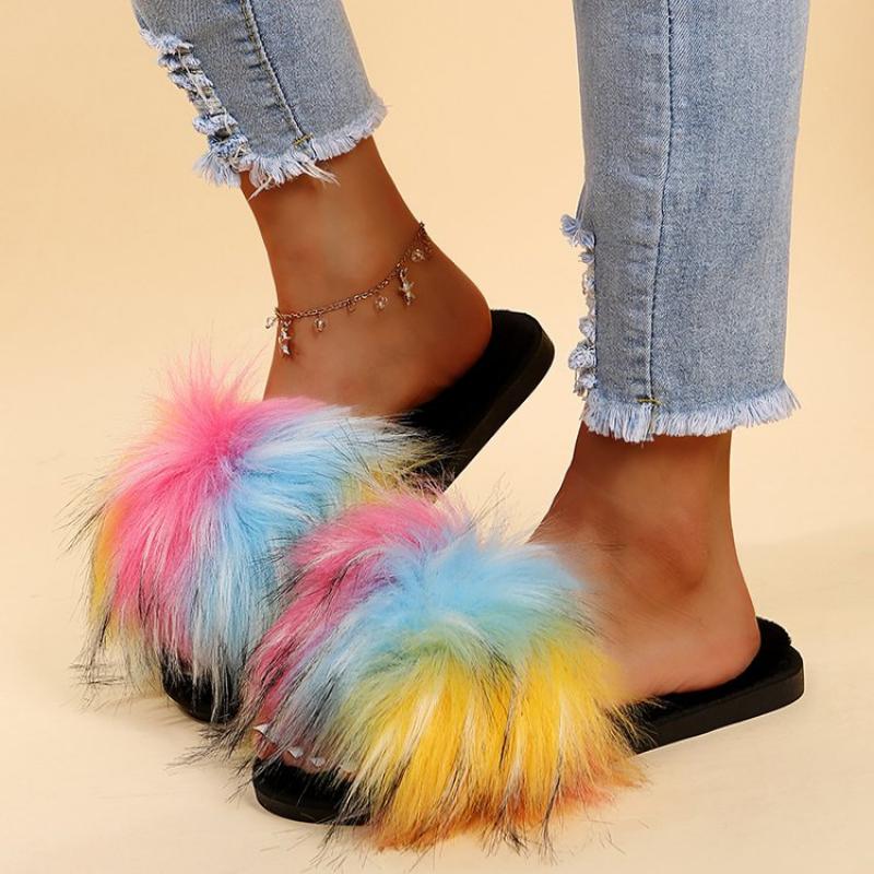 Fashion Brand Designer Mix Color Long Plush Slippers Women Fashion Colorful Flat Heels Soft Fur Slides Women Slip On Outdoor Slippers