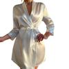 Solid Satin Night Robe Long Sleeve V Neck Robe With Belt Women's Sleepwear