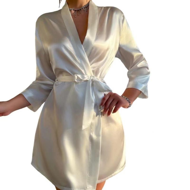 Solid Satin Night Robe Long Sleeve V Neck Robe With Belt Women's Sleepwear
