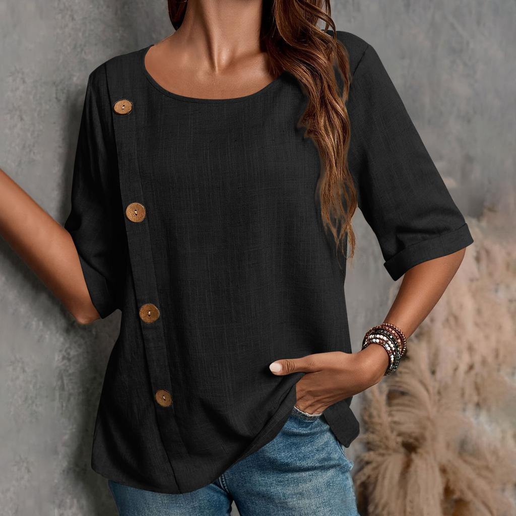 New Women's Cotton And Linen Button,down Casual Top