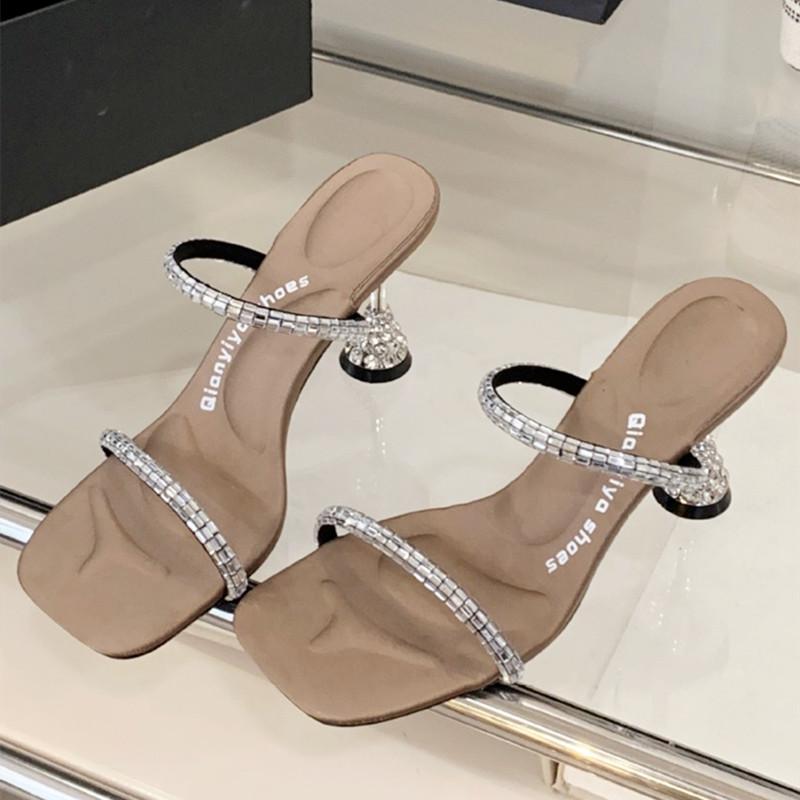 Fashion Luxury Rhinestone Open Toe Women Sandals Square Toe Thin Heel Designer Slide Sandals Summer Fashion High Heel Shoes for Woman