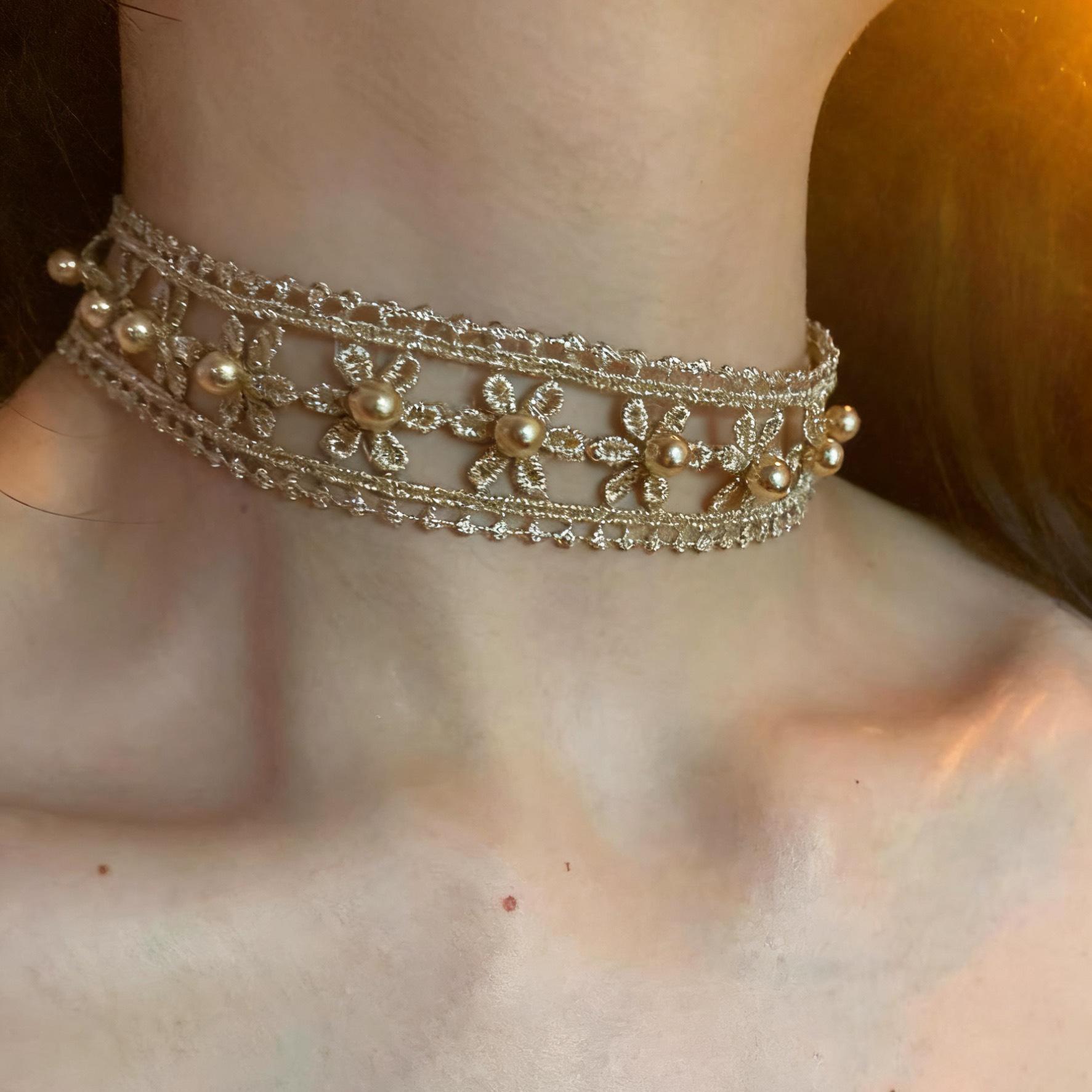 

Elegant Apocalyptic Style Choker with Gold Thread Embroidered Flower Beaded Collar Necklace Bohemian Fabric Jewelry for Women