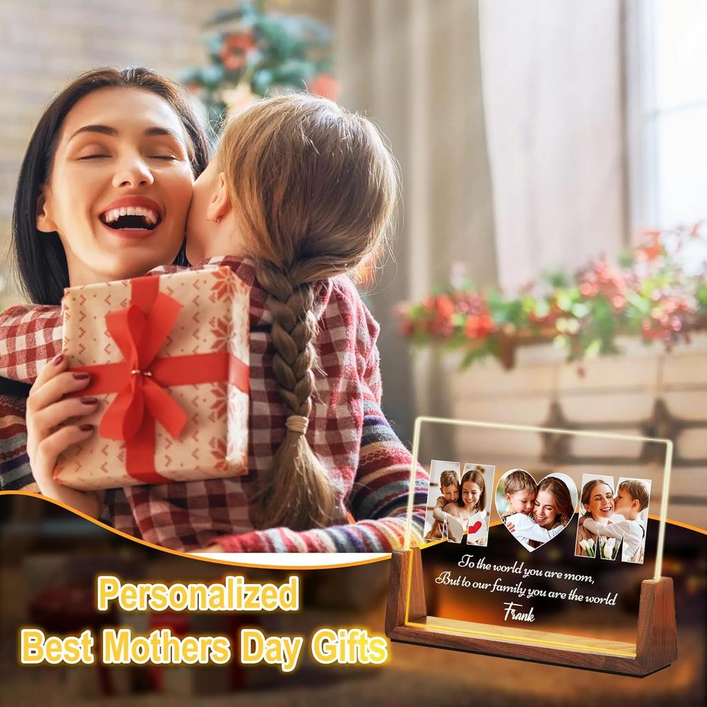 Personalized Mothers Day Unique Gifts for Mom Wife, Mom Gifts from Daughter Son Husband, Custom Acrylic Night Light Picture Frame with Photo Name,