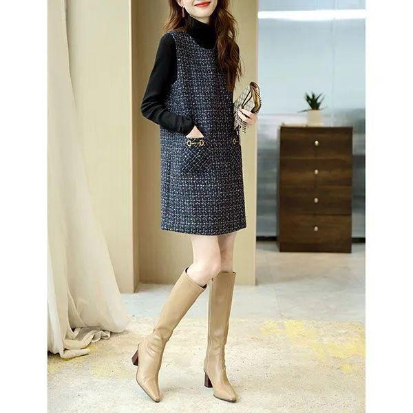 Elegante Vestido Colete de Tweed Francês - Gola Redonda, Design Emagrecedor, Estilo Ligeiramente Perfumado para Primavera e Outono