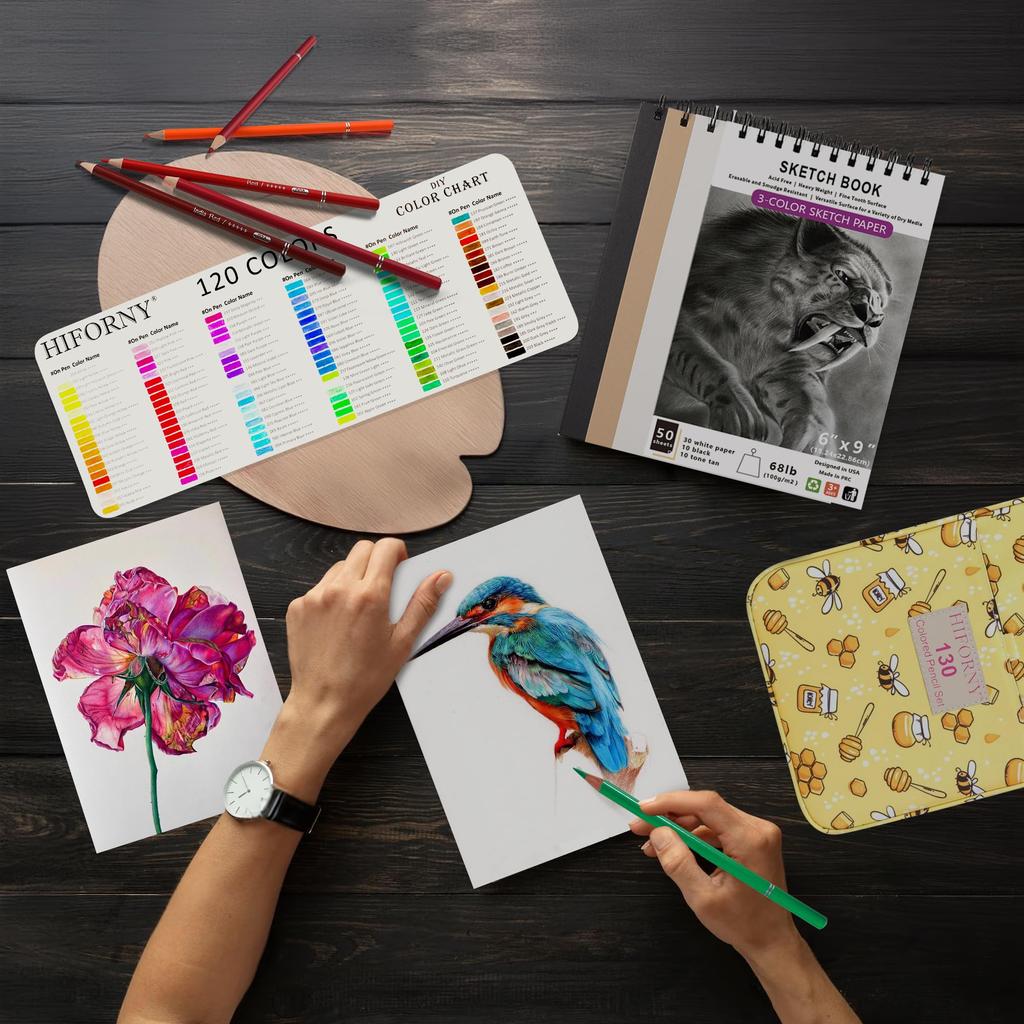 HIFORNY 130 Colored Pencil Set for Adult Coloring Books 120 Colors with 3 Color Mechanical and Colorless Blending – Sketchbooks, 0.5mm Pencils,