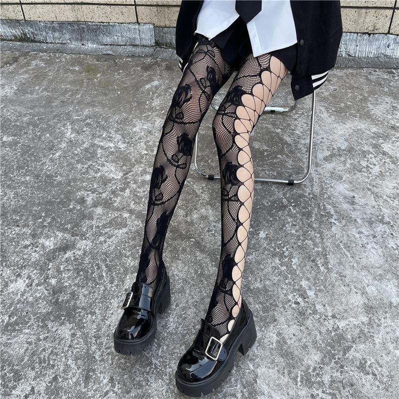 Sexy Hottie Hollowed Out Fishing Net Socks Side Rose Black Jumpsuit Socks Personalized Rose Black Stockings Fashion Pantyhose
