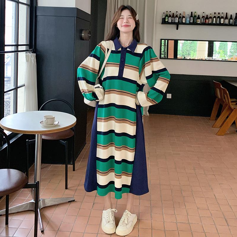 

Платье-поло в полоску в корейском стиле с контрастным принтом «рыбий хвост» — осенняя юбка с длинными рукавами, уменьшающая возраст L