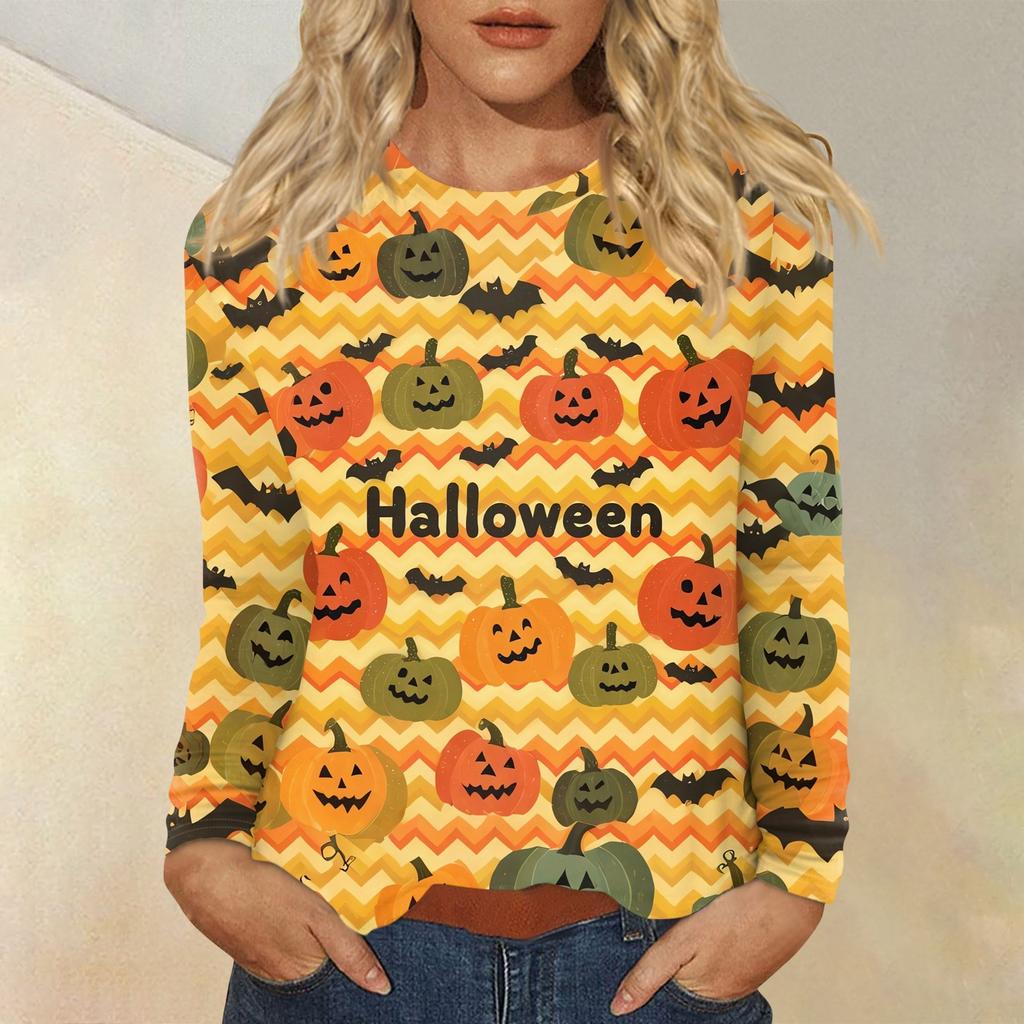 Women's Fashion Casual Halloween Printed Round Neck Long Sleeve Pullover Top