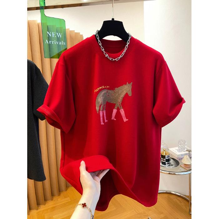 Spring Plus Size Year of the Horse Printed T-shirt - Women's Loose Short Sleeve Top