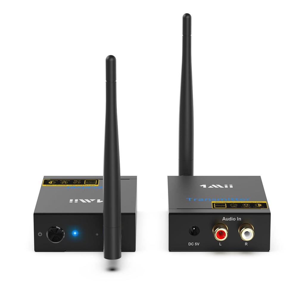 Sada bezdrátového audio vysílače a přijímače 1Mii, Nulová latence, Přenos na dlouhou vzdálenost, RCA výstup + vstup (Vysílač + přijímač), HiFi zvuk