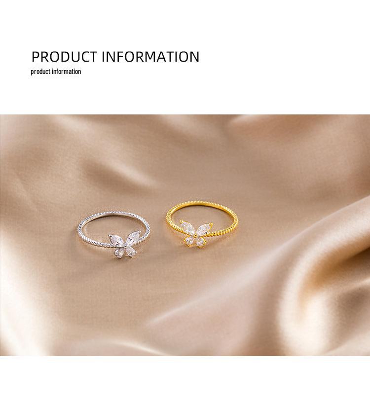 14 Karat vergoldeter Zirkon-Schmetterlingsring, S925-Silber, elegantes, schlankes Design für Damen.