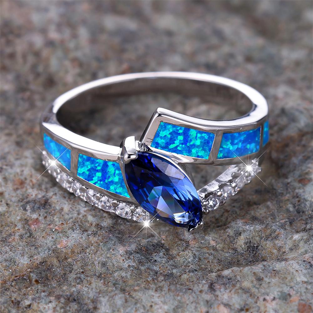 Blue Opal Geometric Crystal Marquise Stone Rings For Women Vintage CopperColor Wedding Band Engagement Jewelry Birthday Gifts
