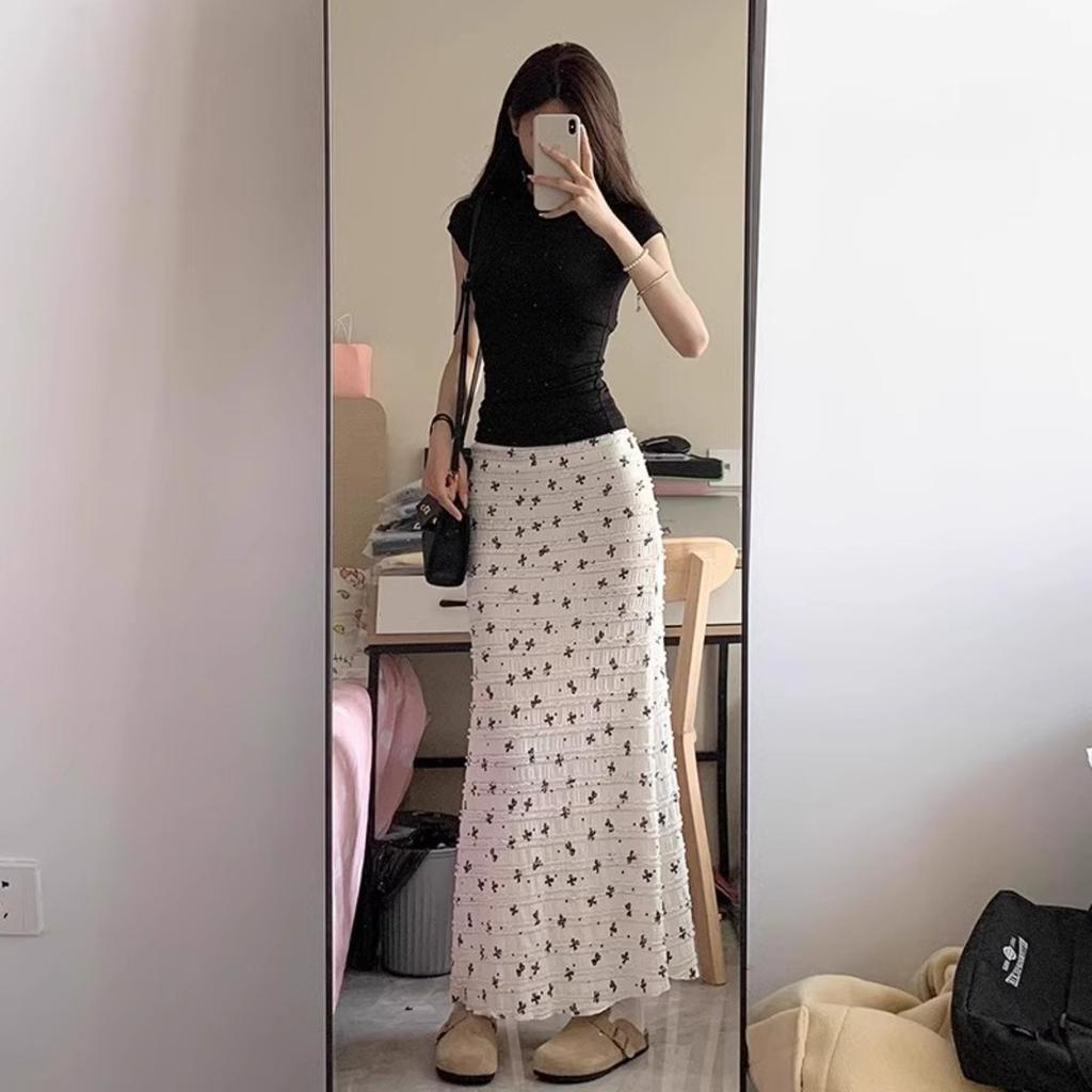 Women's High Waist Mermaid Maxi Skirt Lace Print Long Skirt Bohemian Casual
