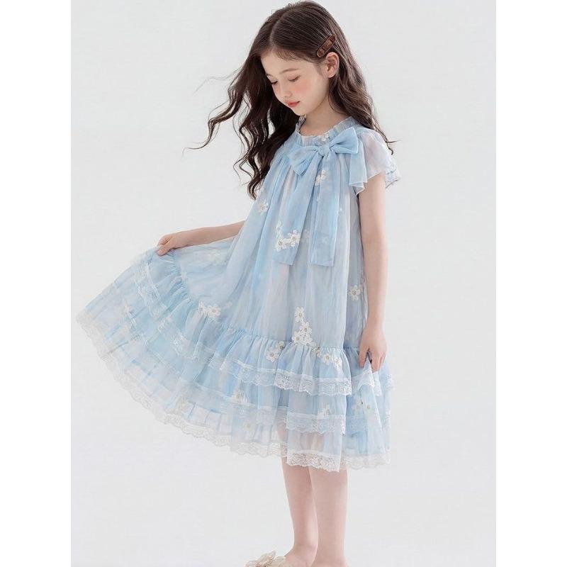 Süßes Hellblaues Kleid für Mädchen - Sommer Kinder Prinzessinnen Blumenkleid