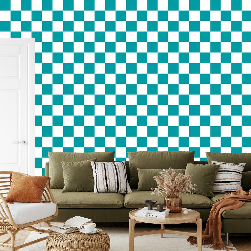 Checkerboard wallpaper, turquoise background, turquoise center, 50x1000