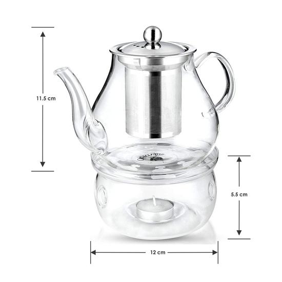 Octavius Borosilikatglas Teekanne/Kessel mit Hitzebeständigem Herausnehmbarem Edelstahl-Sieb und Stövchen | 2 Teelichter - 800 ml