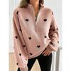 Damen Lockerer Halb-Reißverschluss Gestrickter Langarm Pullover mit Herzmuster Freizeit