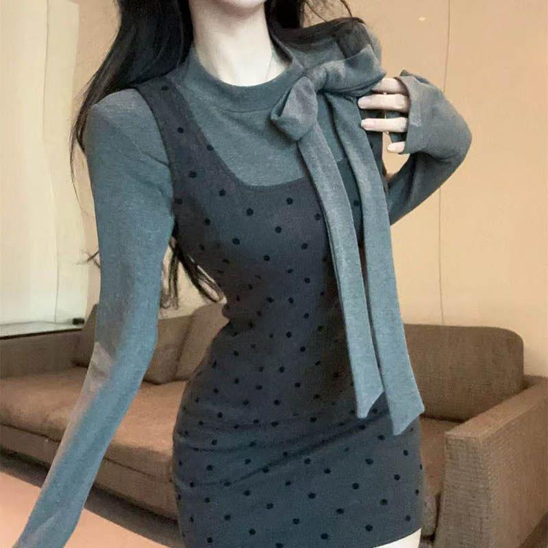 

French Heiress Polka Dot Strappy Dress & Bowknot T-shirt Set for Spring XXL