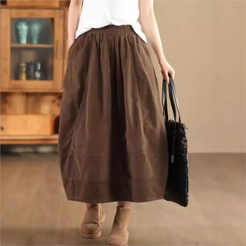 Johnature Woman Autumn Niche Elastic Waist Solid Color Casual A-Line Skirt Fashion Vintage Chinese Style Retro Skirt