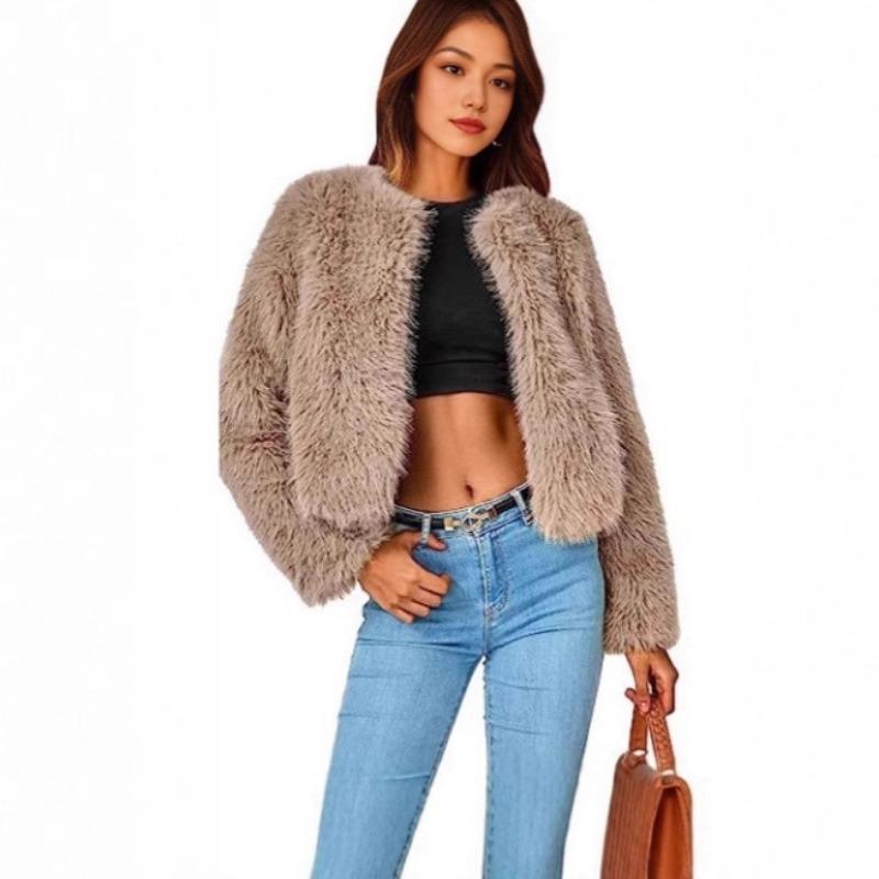 Winter Jacket Short Jacket Faux Fur Long-sleeved Pockets Thermal Jacket Autumn and Winter Clothes