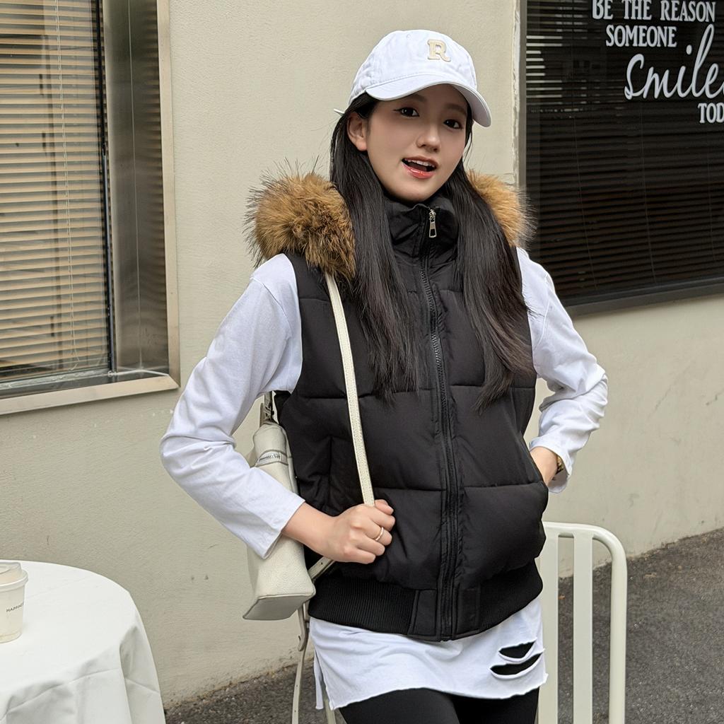 Women Hooded Fur Collar Padded Short Vest Warm Casual Autumn Winter