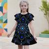 Girls Round Neck Short Flutter Sleeve Mandala Printed A Line Black Dress