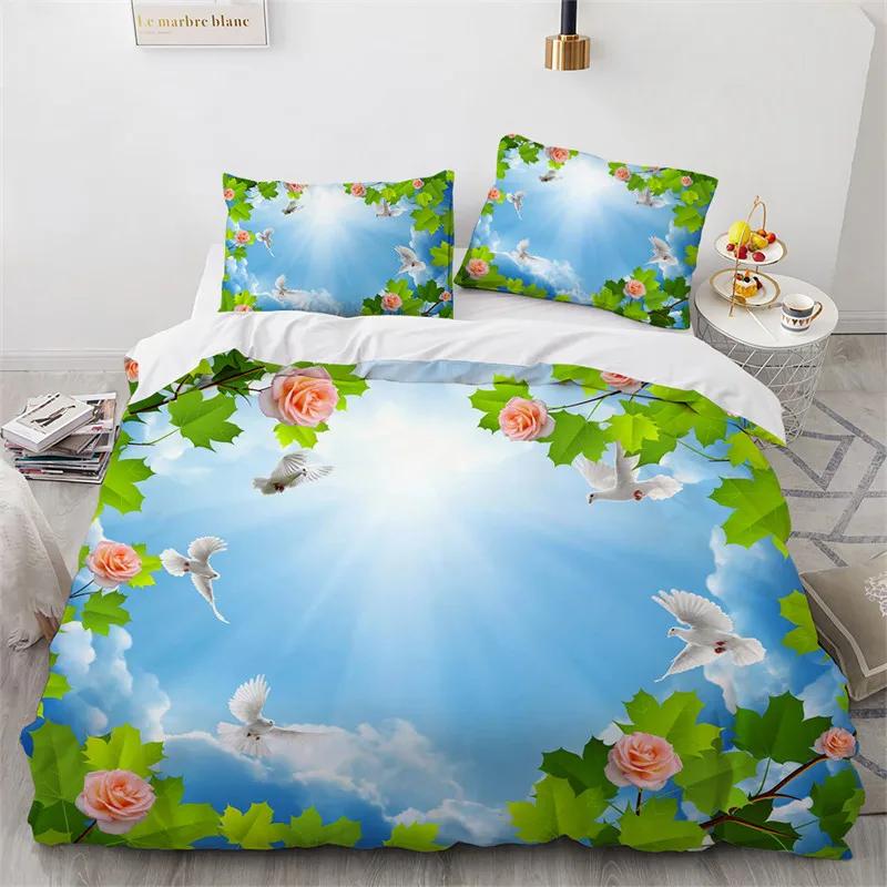 Comforter Blue Sky White Clouds King Microfiber Natural Scenery Flowers Bedding Set Animal Bird Comforter For Girls Teen