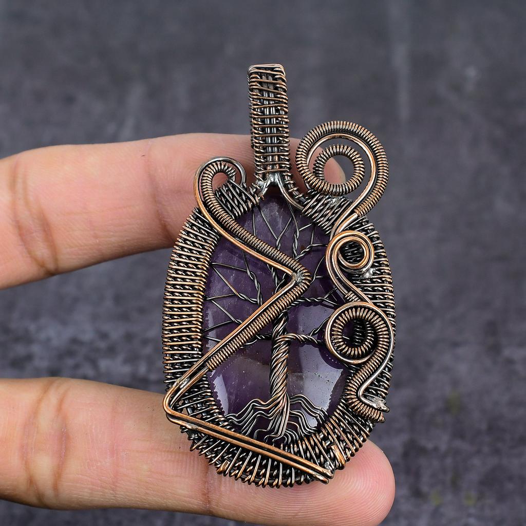 Améthyste Sauge Pendentif Bijou Enveloppé de Fil de Cuivre Fait Main 2.80" y3s65