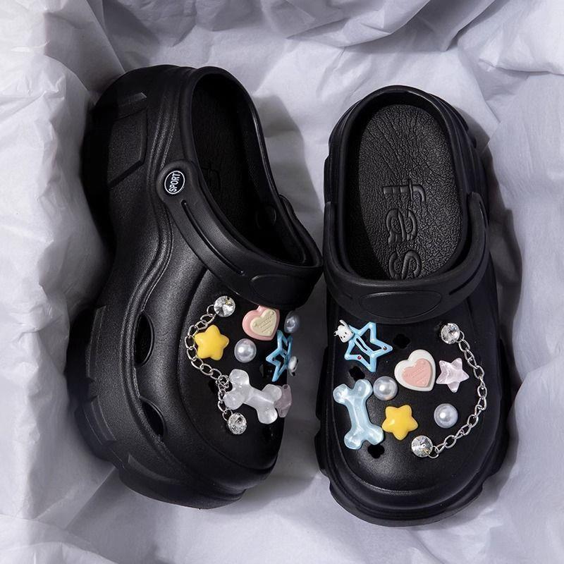 Zapatos de agujeros con suela gruesa para uso exterior de verano DIY dulce y fresco estilo Y2K estrella de cinco puntas elevador de bolsa zapatillas frescas