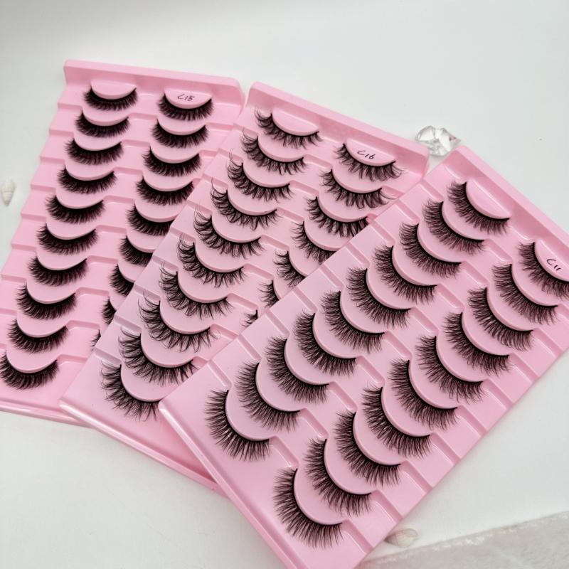 Low Price Glitter Lashes Natural Fluffy Half Lashes Faux Mink Korean Pbt Fiber 10 Pairs 12mm Mink Eyelashes