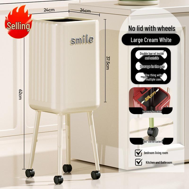 High-End Wheeled Trash Can with Lid: No-Bend, Press To Open, Light Luxury Design for Kitchen & Living Room