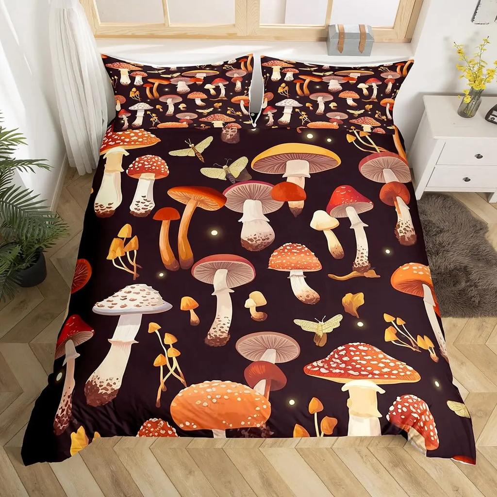 Comforter Cute Mushroom Bedding Set King Queen Size Botanical Comforter Wild Fungus Colorful Plants Leaves