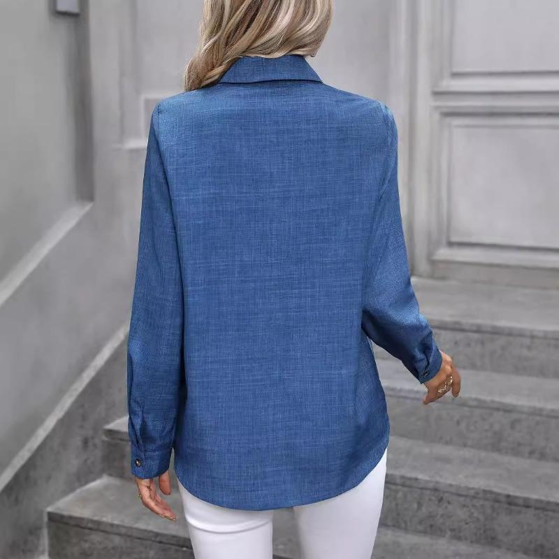 Women Casual Color Block Long Sleeve Turn Down Collar Button Down Shirt