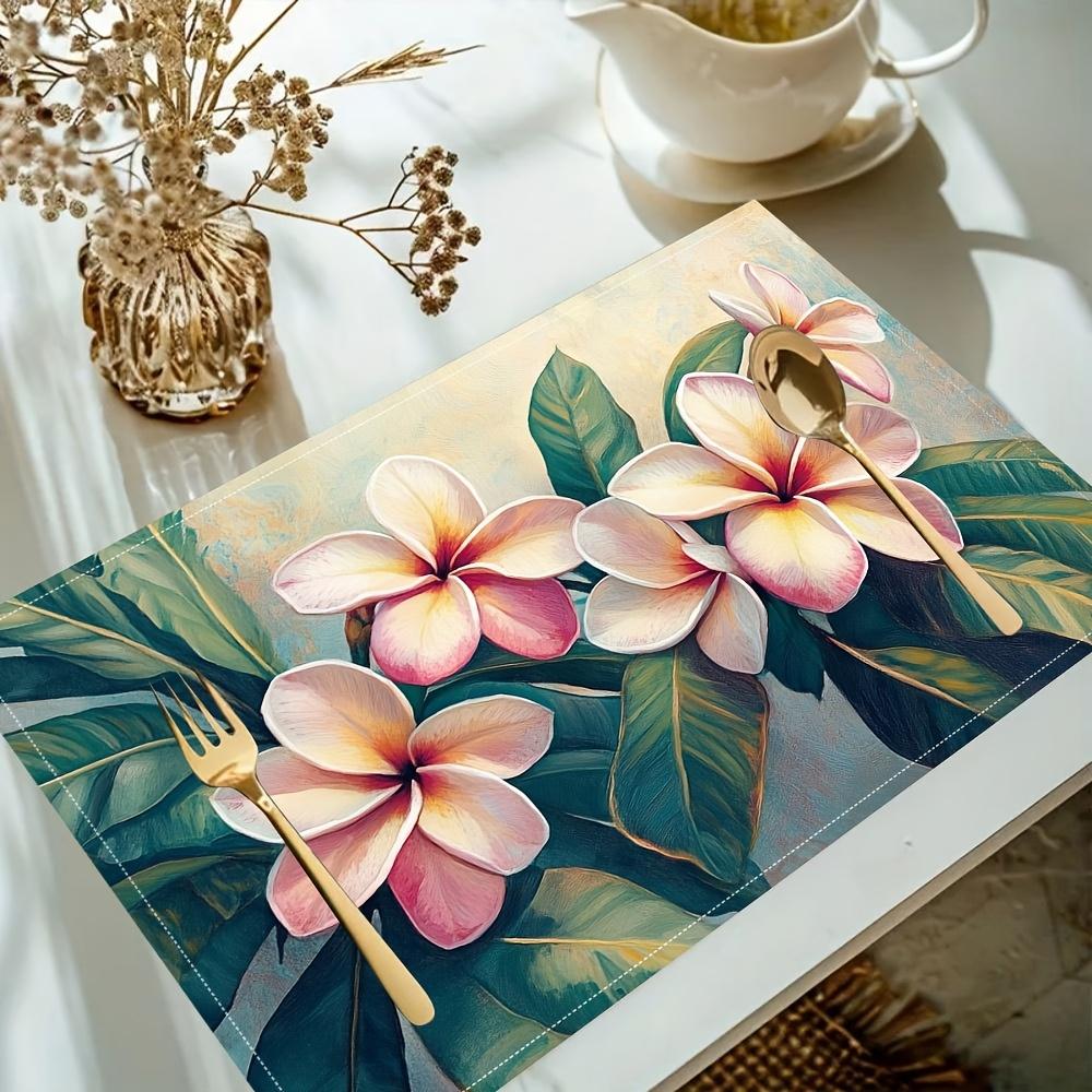 1pcs Tropical Plumeria Linen Placemats,Hawaiian Paradise Design for Dining, Kitchen, Parties, Home Decor