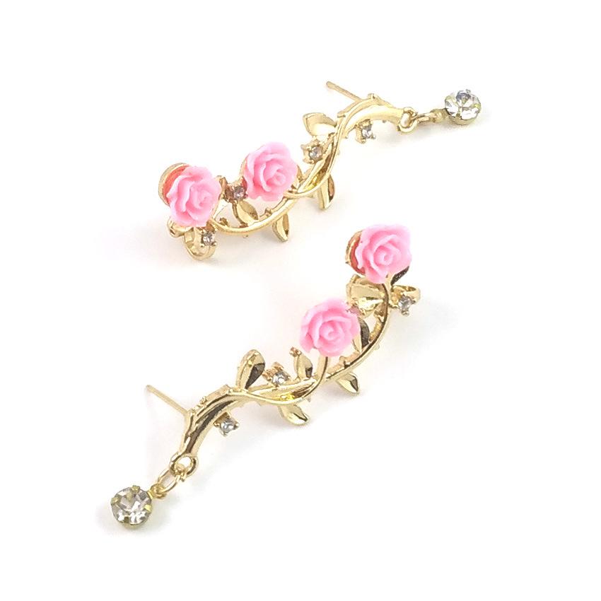 European-American Floral Rose Branch Women's Long Alloy Stud Earrings