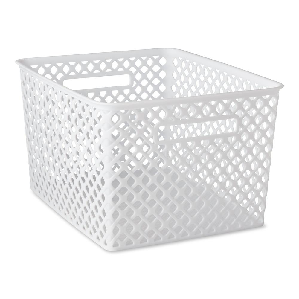Large White Decorative Storage Basket with Cut-Out Handles Durable Plastic Mesh Design Ideal Organizing Home Office Garage Toys