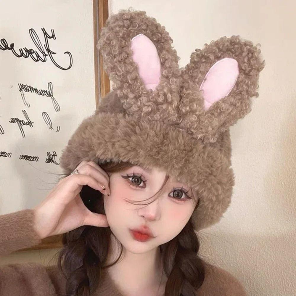 Solid Color Rabbit Ear Beanies Fluffy Winter Outdoor Warm Cap Fashionable Knitted Plush Hat Women