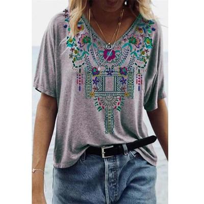Fashion Spring  Retro Print Blouses Short Sleeved V-Neck T Shirts Casual