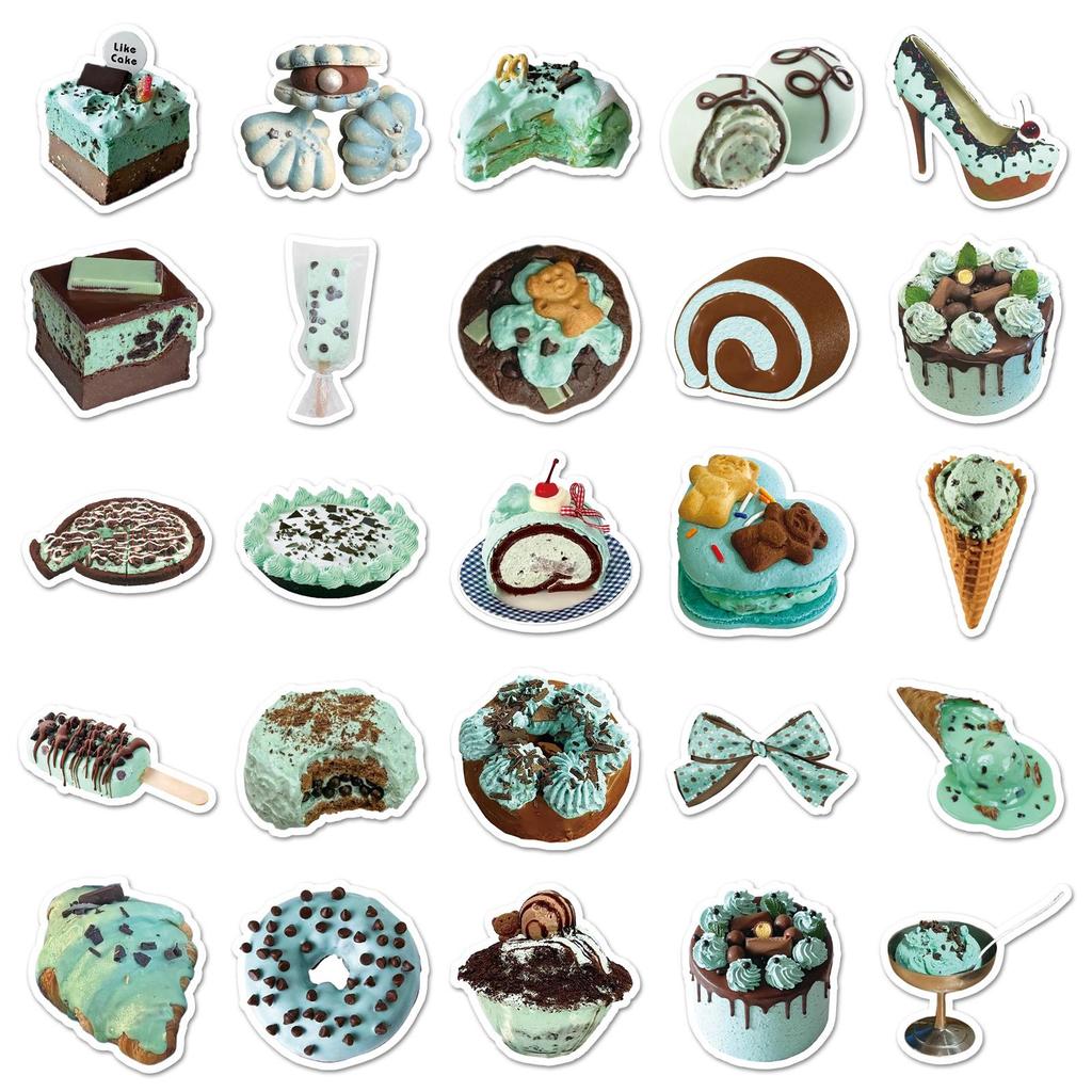 50 Cute Waterproof Ins Style Stickers: Blue-Green Cake & Food, Ideal for Stationery & Storage Box Decoration